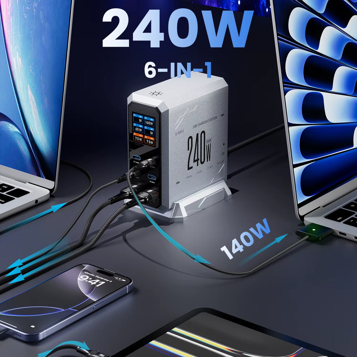 Ultimate 240W GaN Charger: 6-in-1 Fast Charging Station for iPhone, MacBook & More!