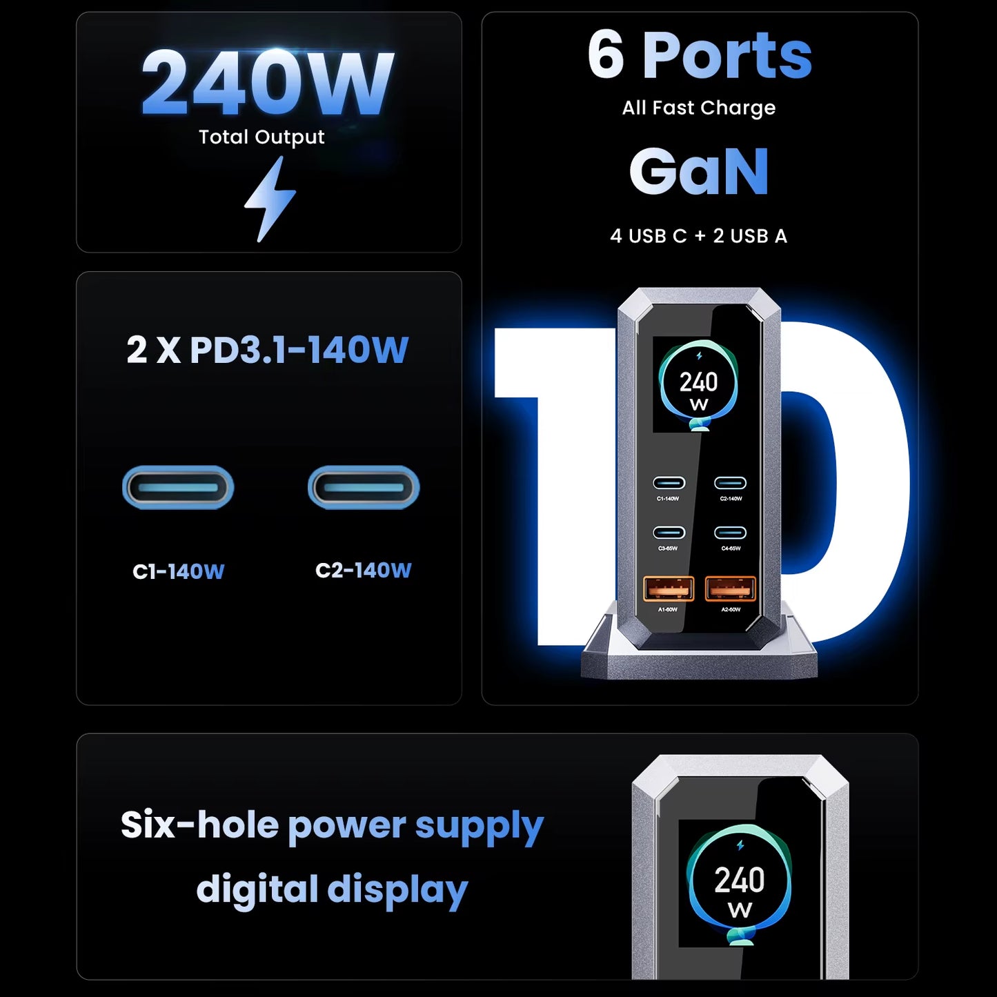 Ultimate 240W GaN Charger: 6-in-1 Fast Charging Station for iPhone, MacBook & More!