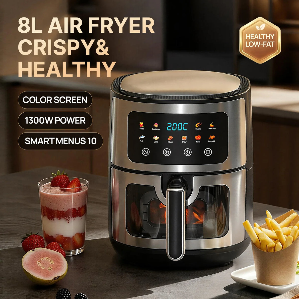 Experience Healthy Cooking with Our 8L Large Air Fryer Featuring a Transparent Window and 8 Convenient Presets